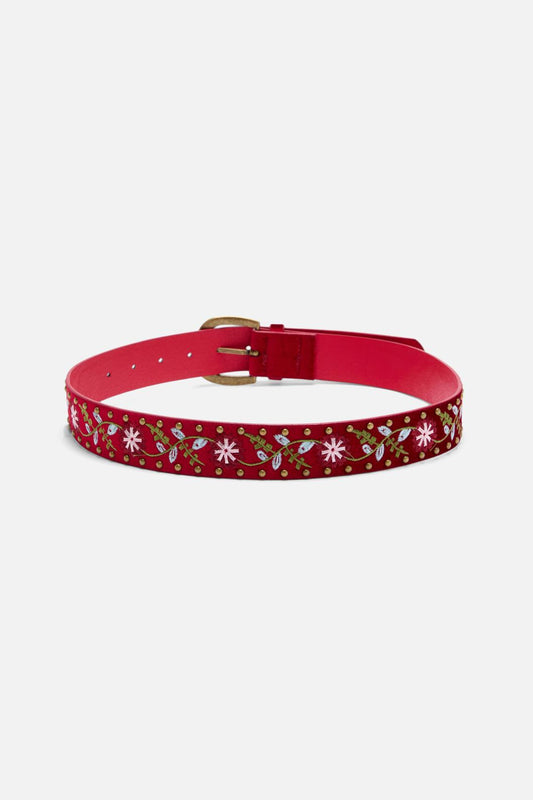 Princess Highway - Red Embroidered Velvet Belt - dark-red