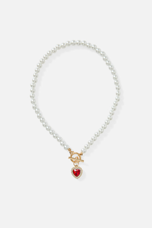 Princess Highway - Heart Pearl Necklace - red