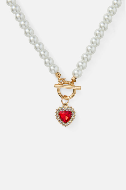 Princess Highway - Heart Pearl Necklace - red