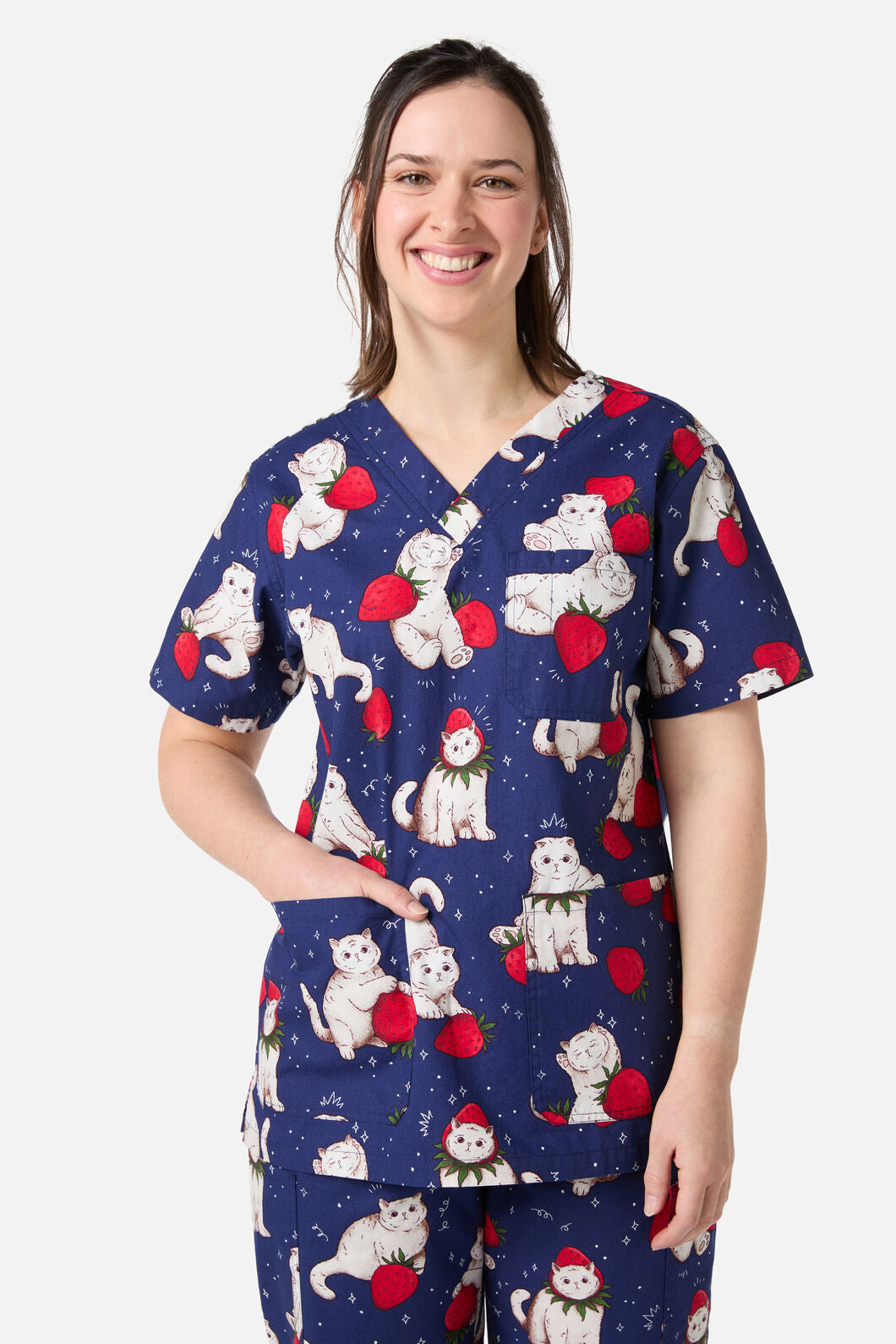 Scrubs With Love - Strawberry Cats Scrub Set - navy