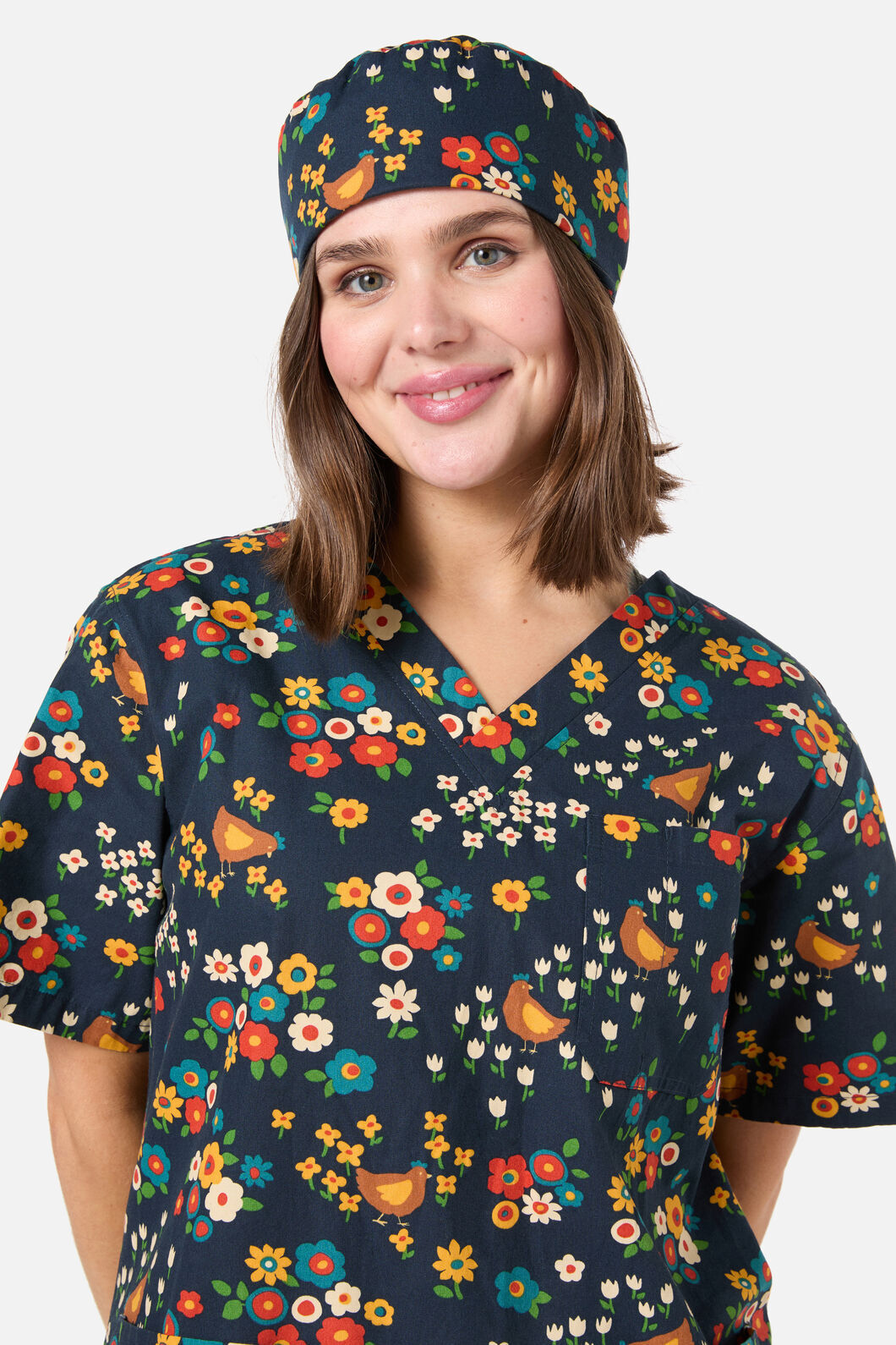 Scrubs With Love - Cute Chickens scrub hat - navy