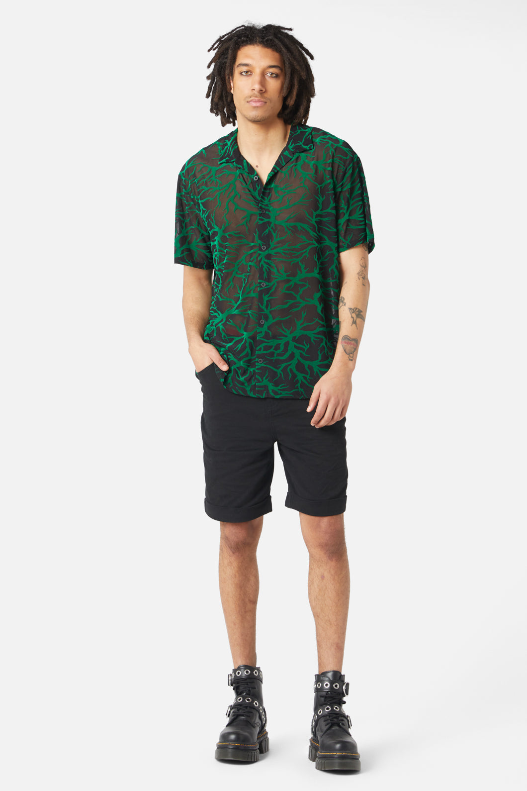 Dangerfield - Neglected Flocked Mesh Short Sleeve Shirt - black