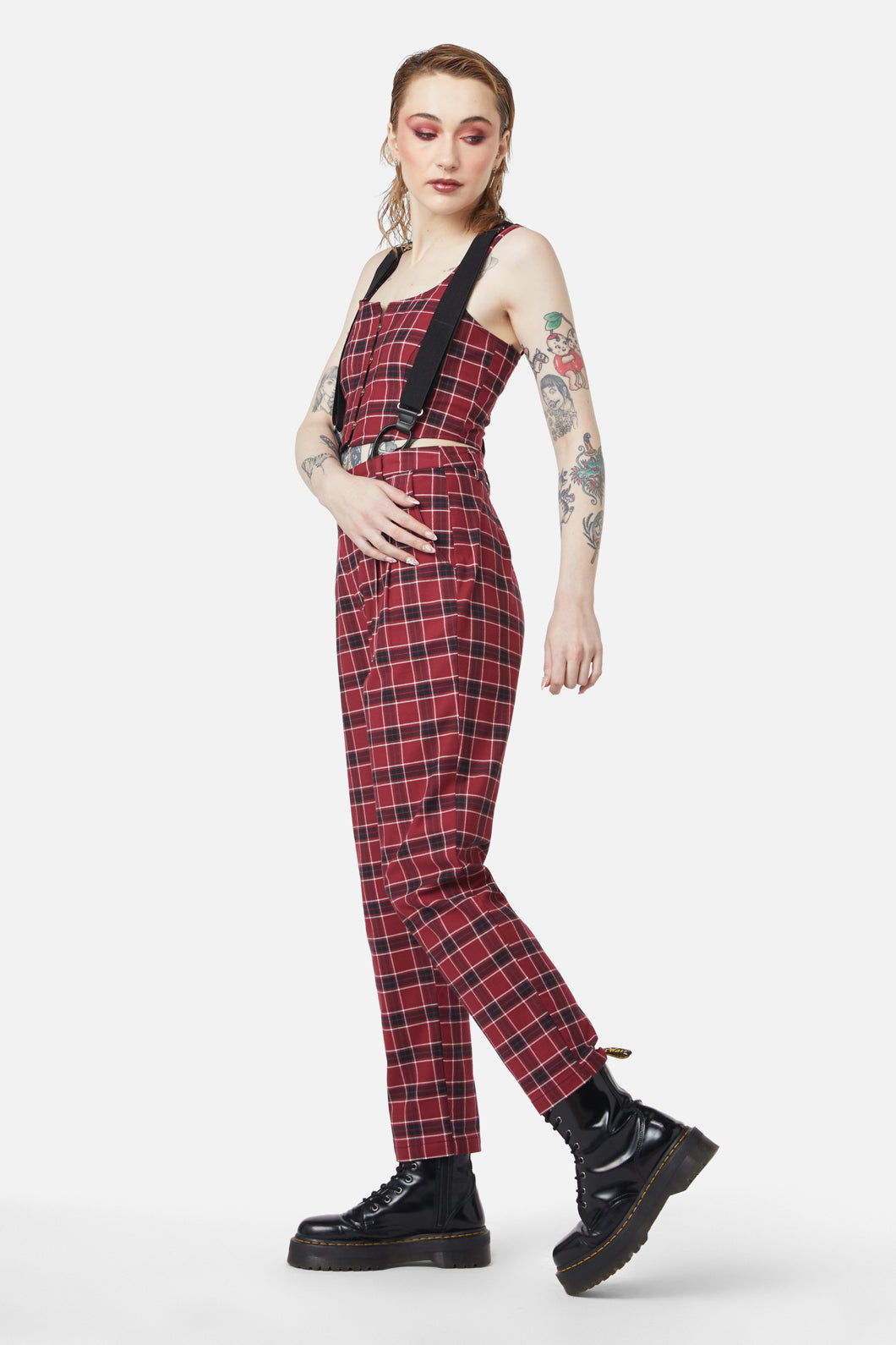 Dangerfield - Revenge Tartan Brace Trouser - maroon