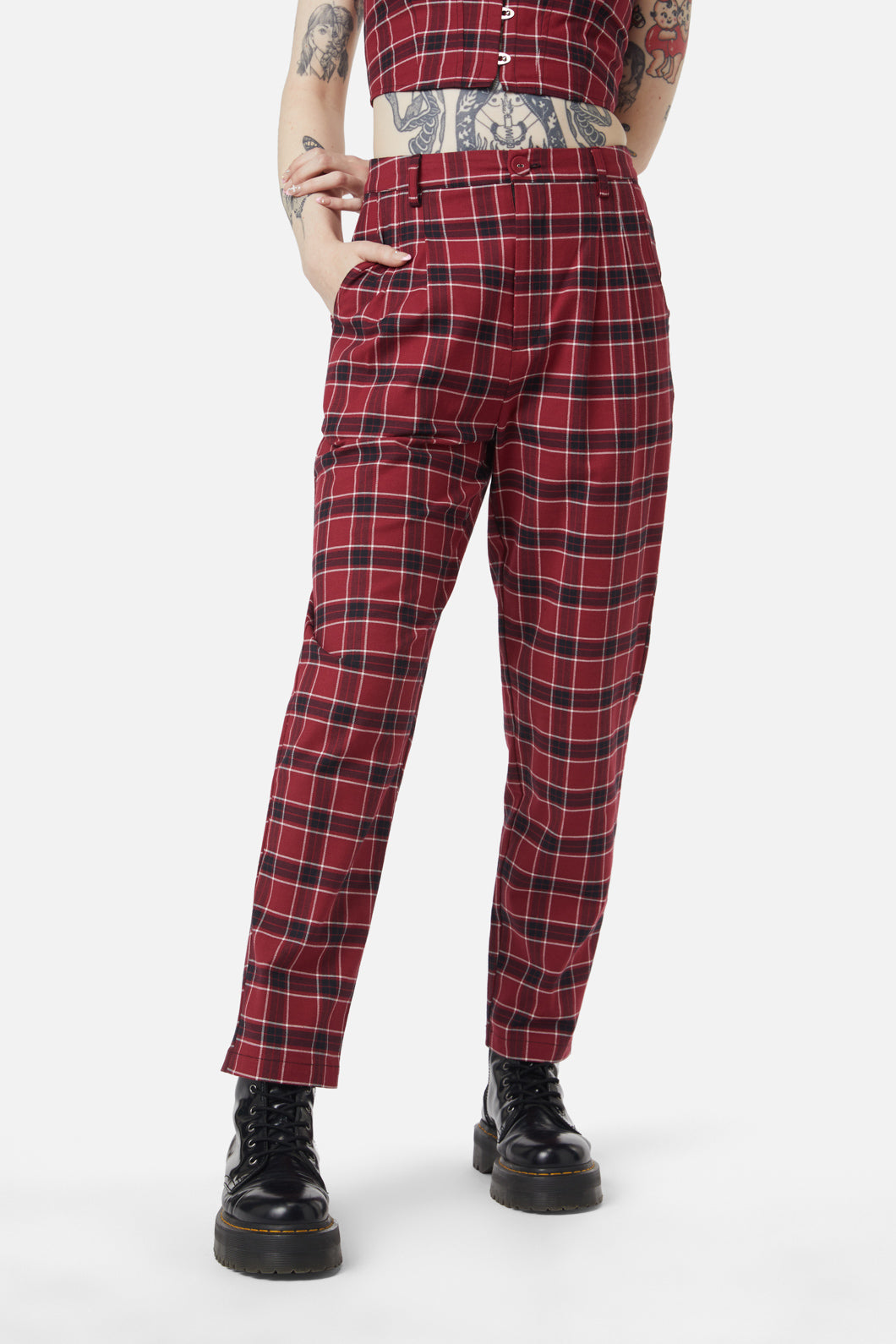 Dangerfield - Revenge Tartan Brace Trouser - maroon