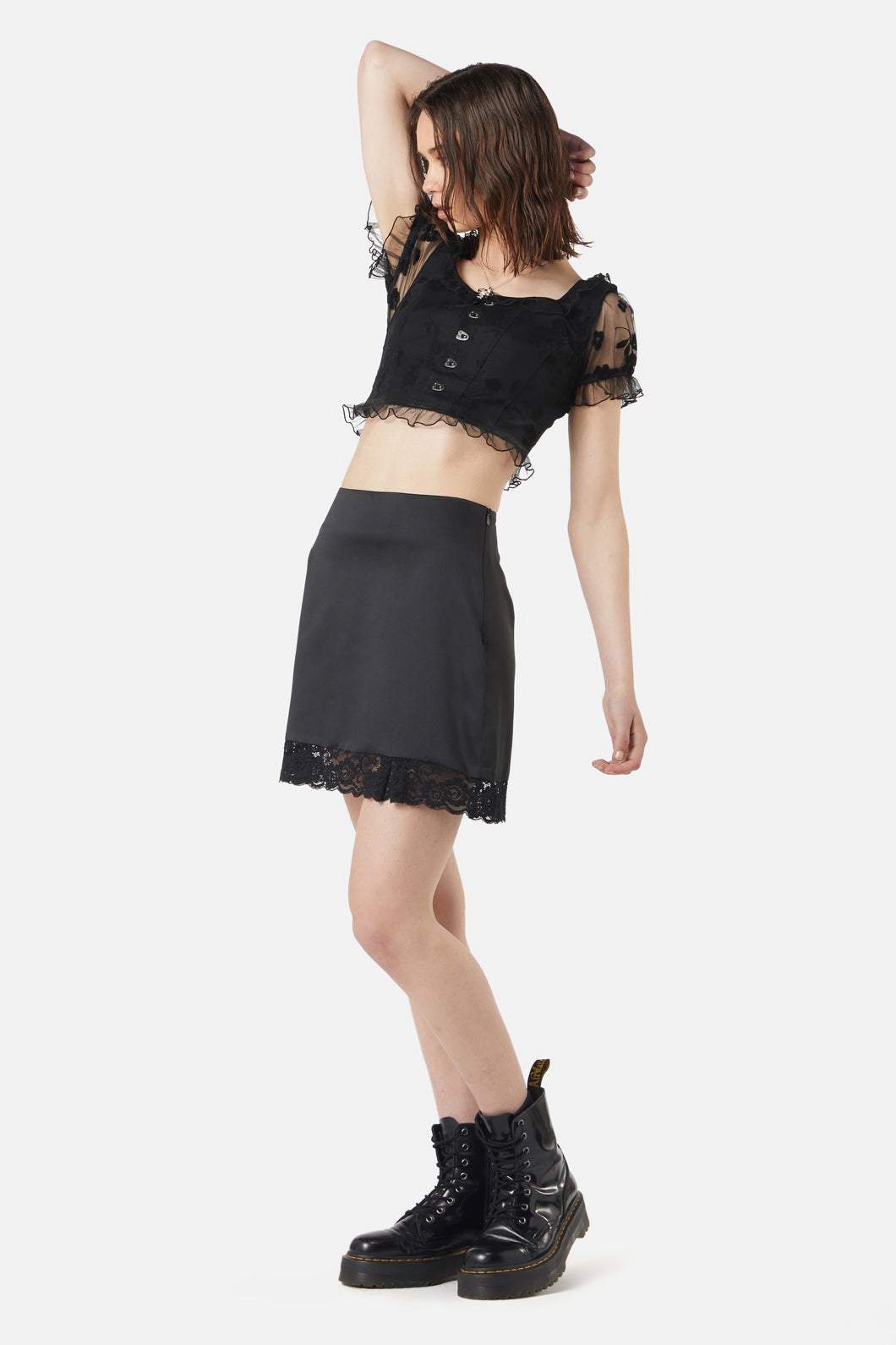 Dangerfield - Satin Lace Slip Mini Skirt - black