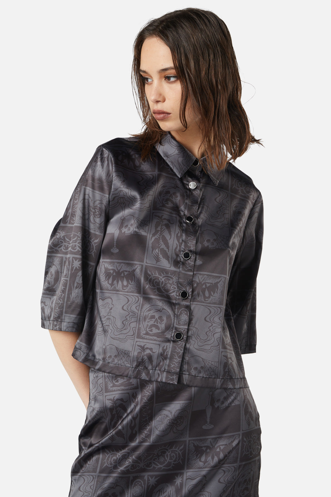 Dangerfield - Ruined Mansion Satin Brocade Blouse - black-grey