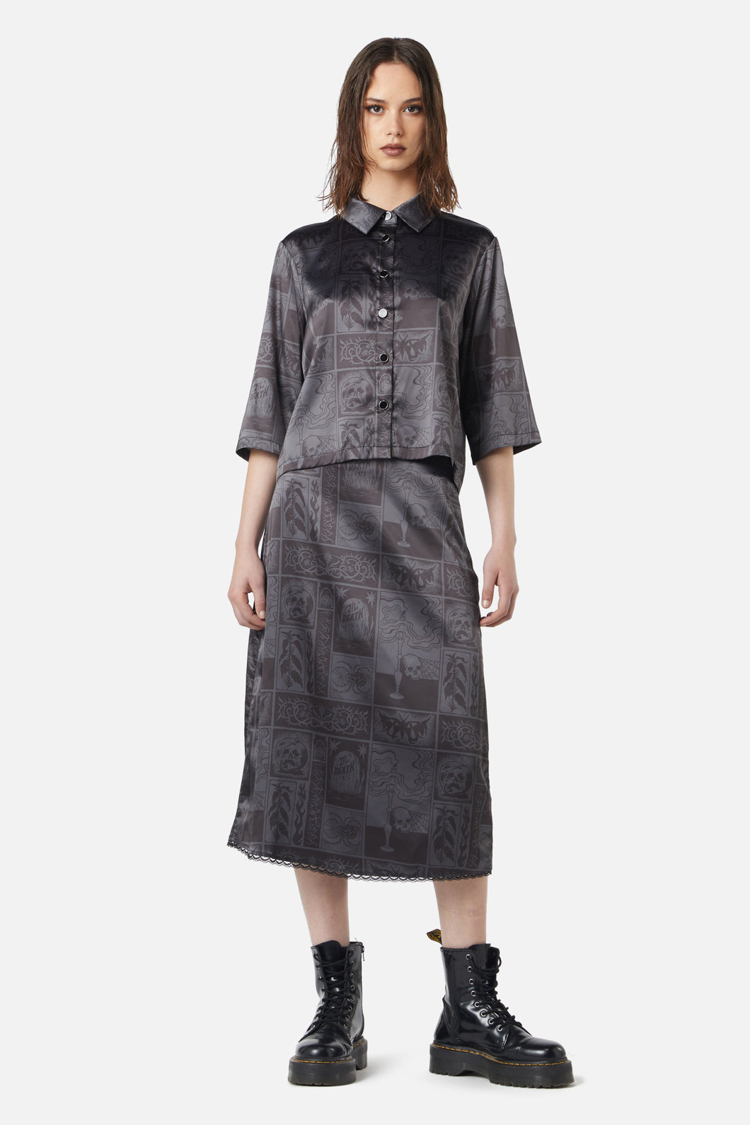 Dangerfield - Ruined Mansion Satin Brocade Blouse - black-grey