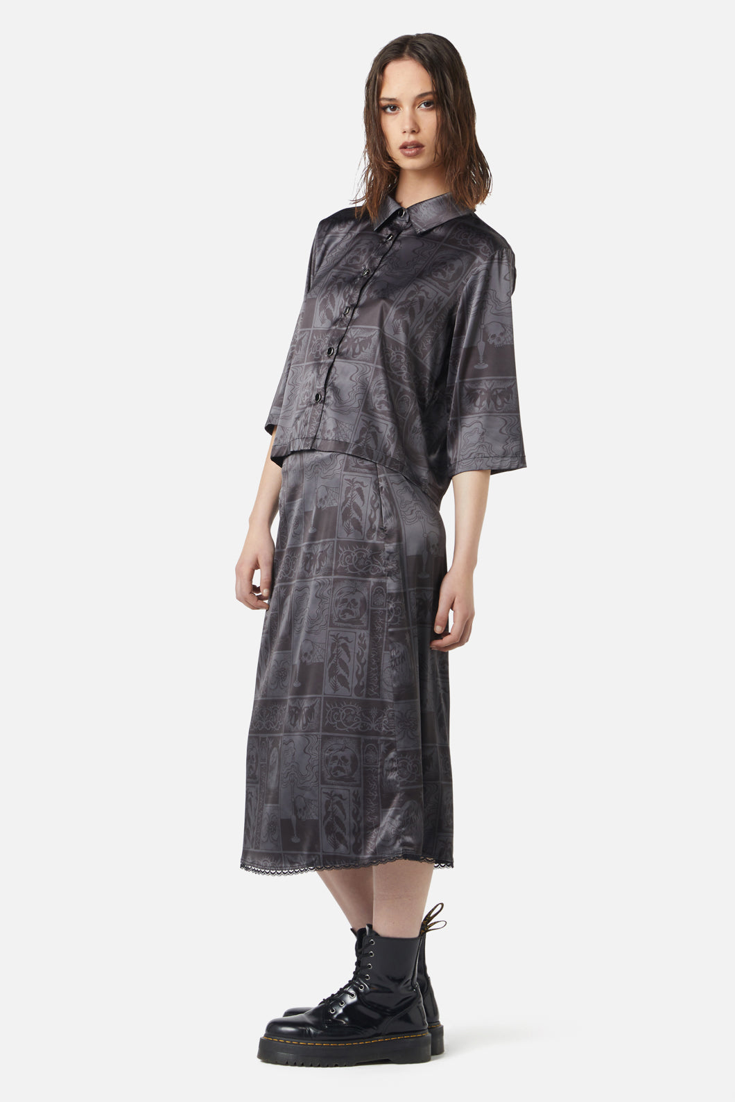 Dangerfield - Ruined Mansion Satin Brocade Blouse - black-grey