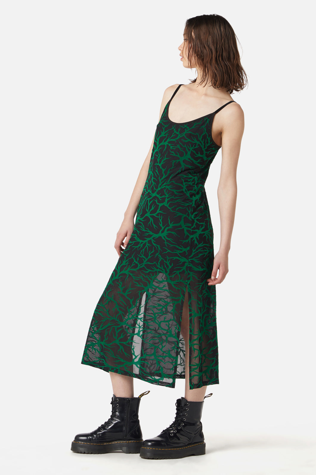 Dangerfield - Neglected Flocked Mesh Midi Dress - black-green