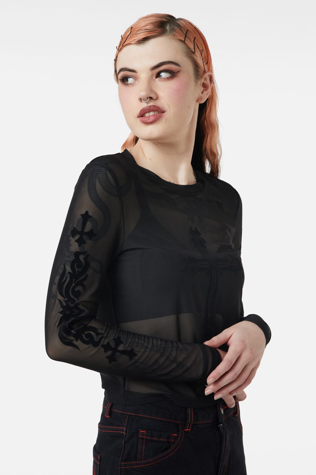 Dangerfield - Hail Lilith Flocked Mesh Top - black