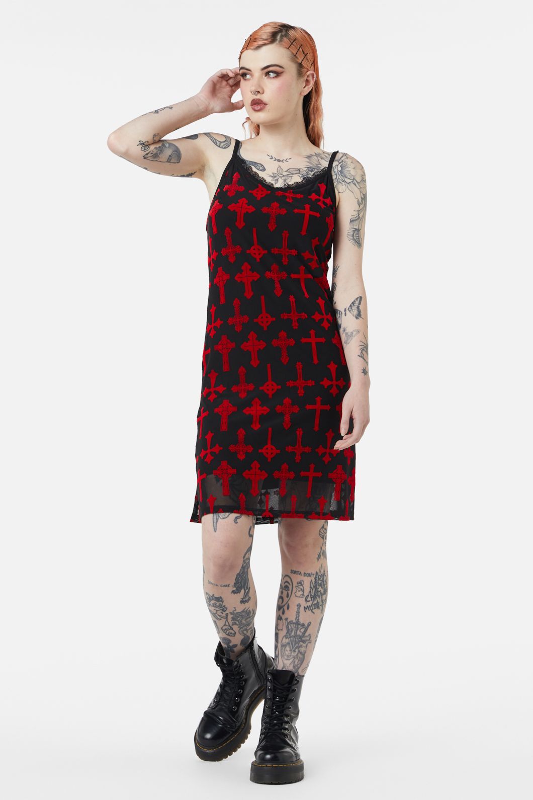 Dangerfield - Vowed Flocked Mesh Dress - red