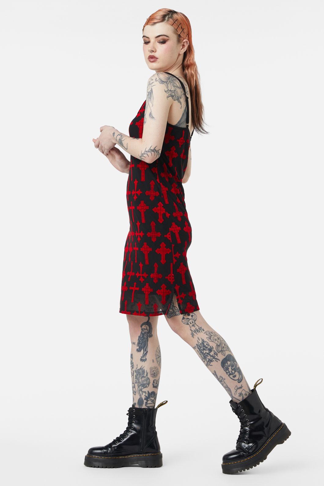 Dangerfield - Vowed Flocked Mesh Dress - red