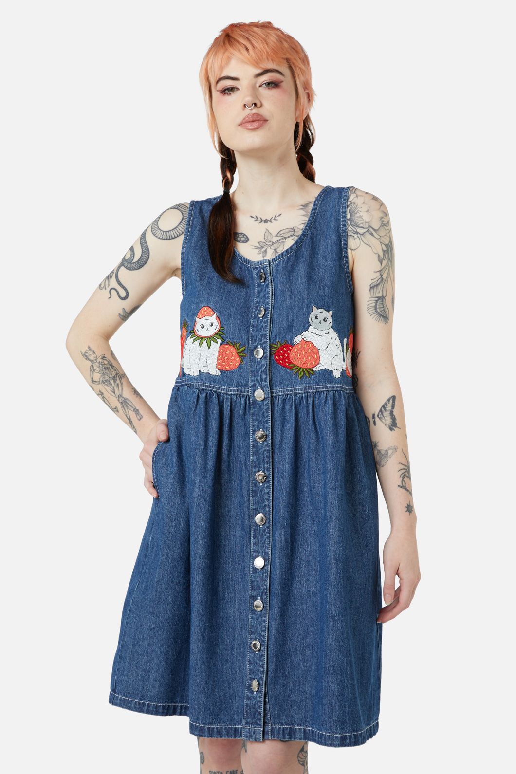 Dangerfield - Berry Kitty Denim Pinafore - blue