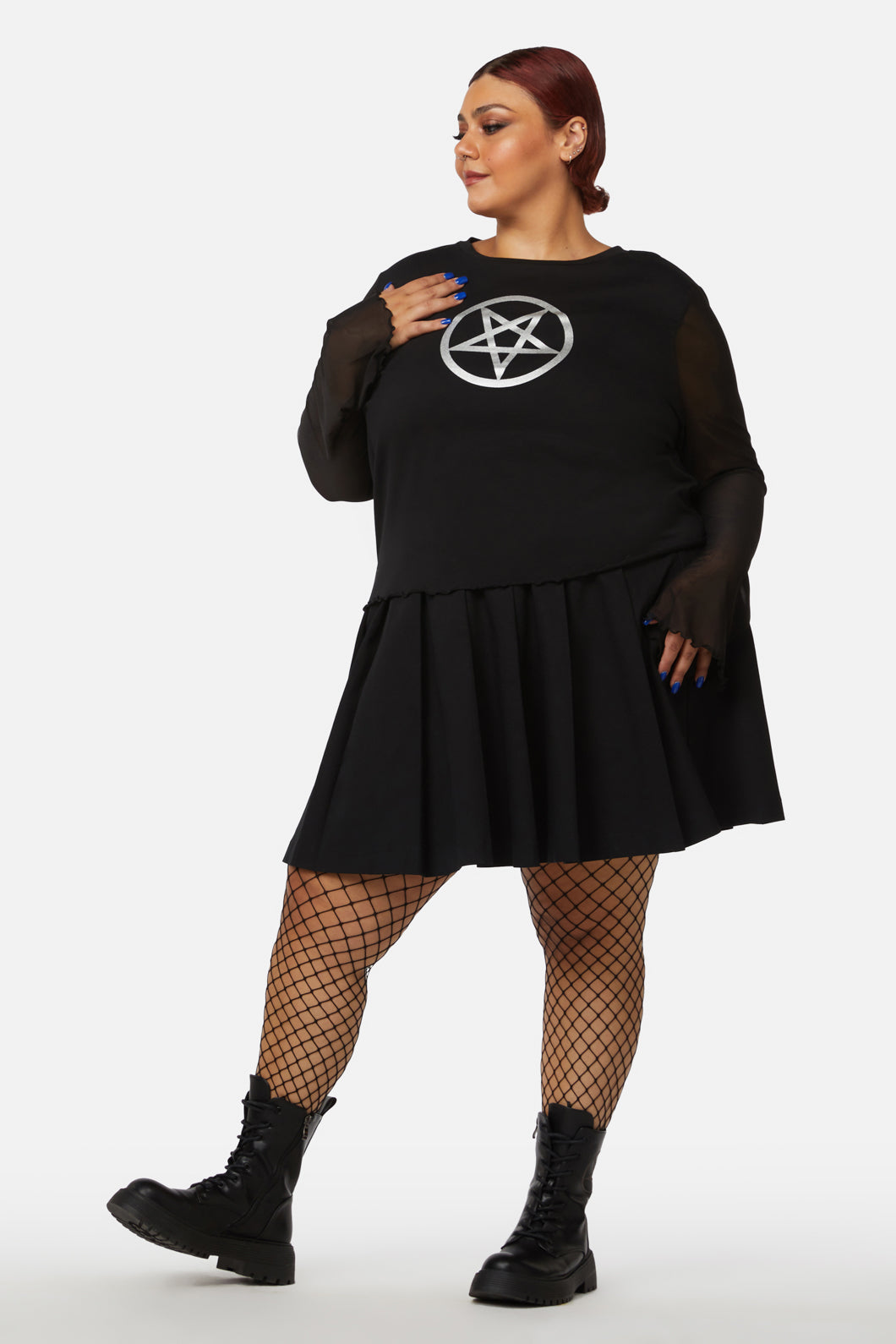 Dangerfield - Curve Pentagram Contrast Mesh Top - black