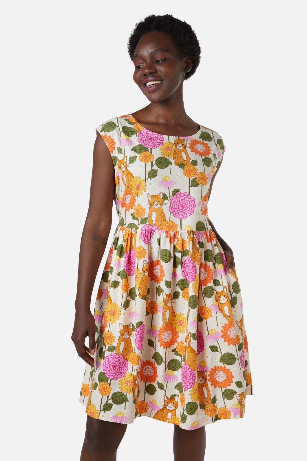 Princess Highway - Cute Cat Sleeveless Dress - cream