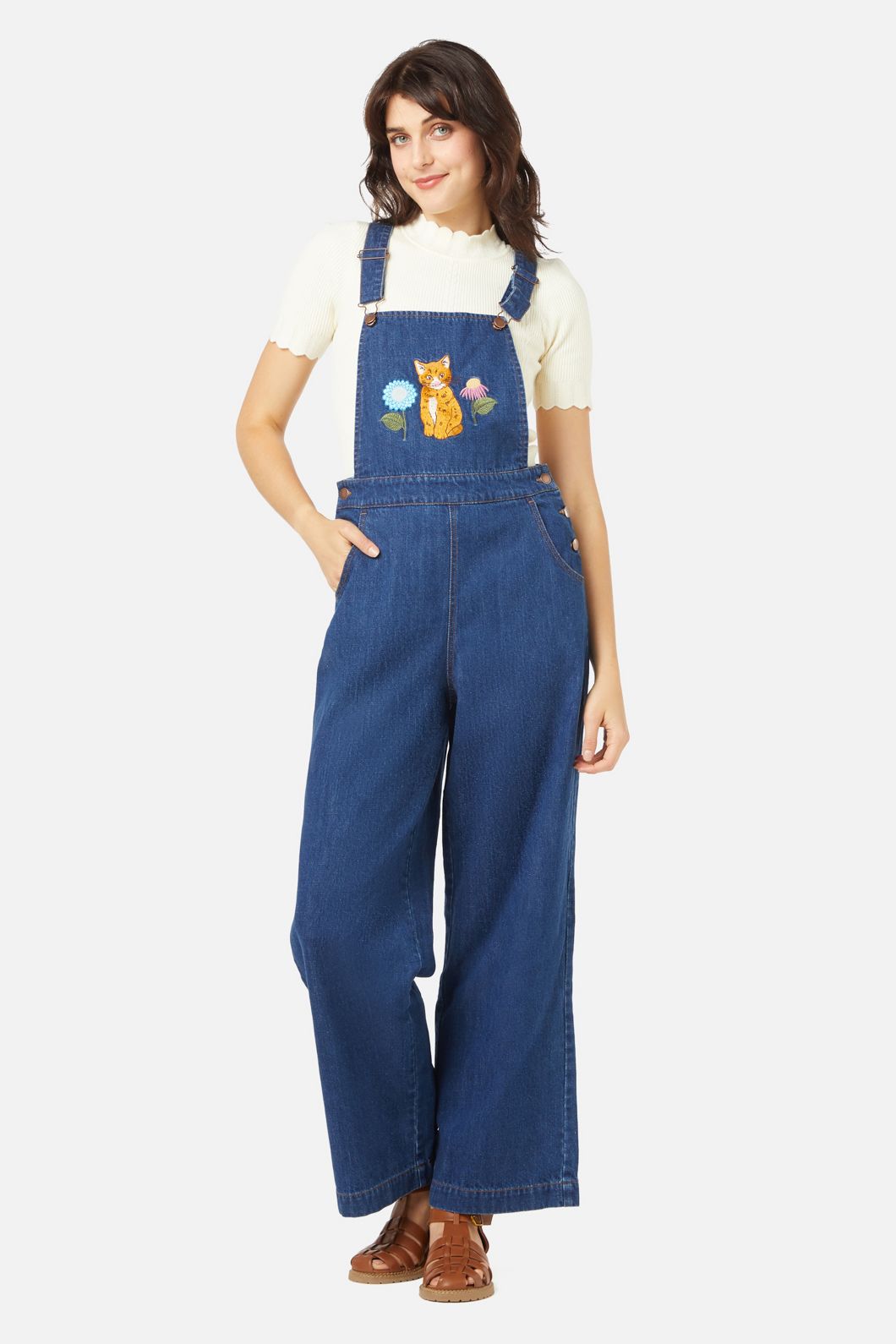 Princess Highway - Cat Embroidered Overall - dark-denim