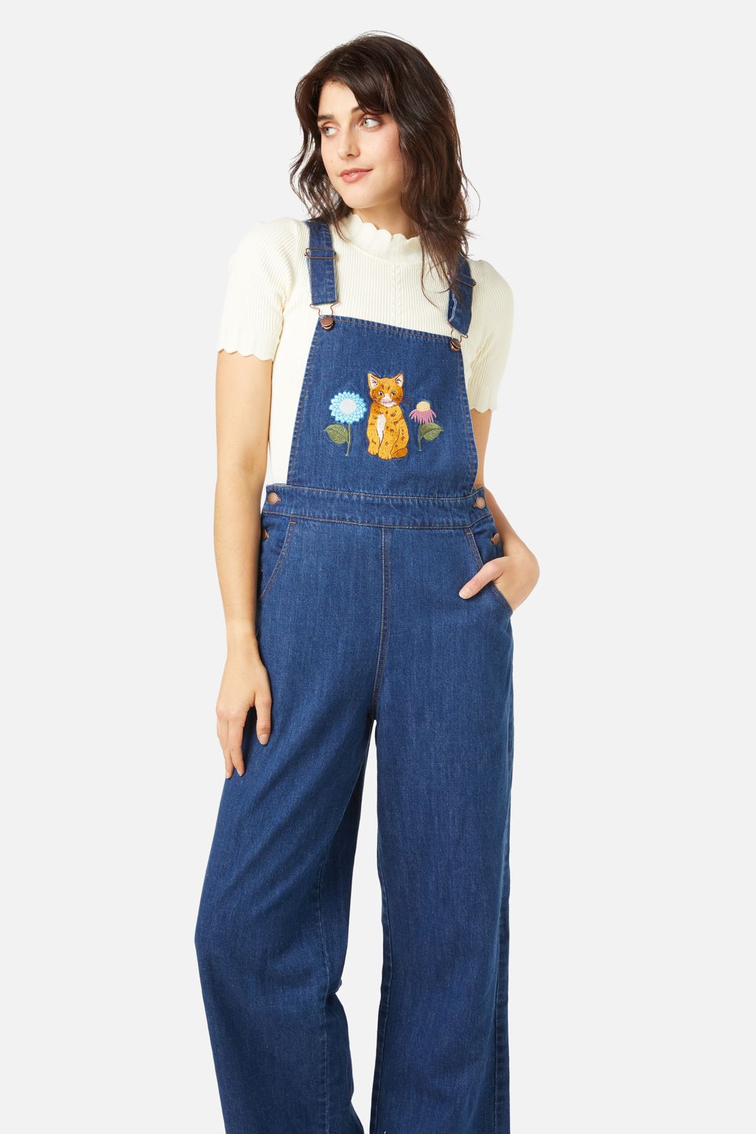 Princess Highway - Cat Embroidered Overall - dark-denim