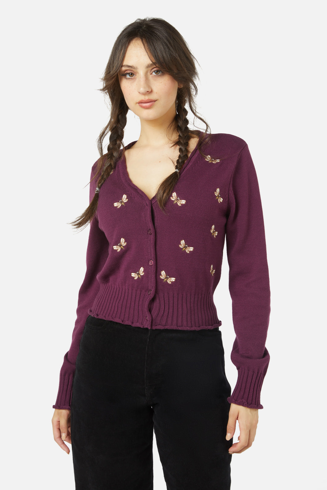 Princess Highway - NZ Bee Emb Cardi - plum