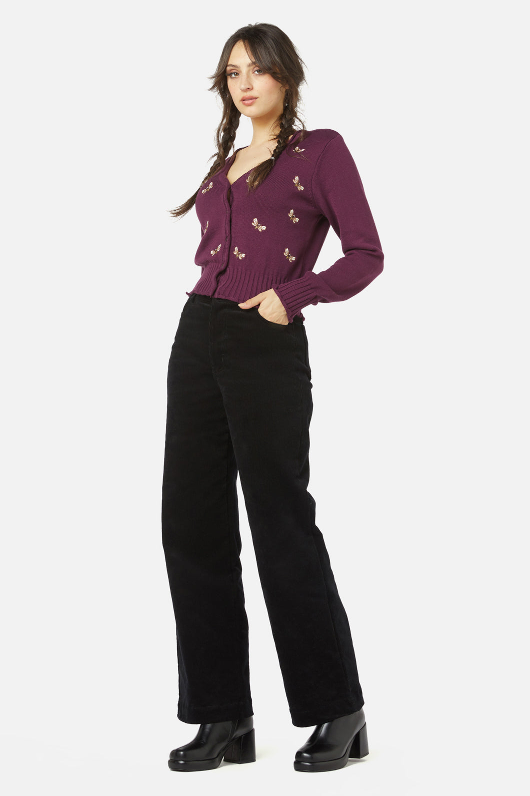 Princess Highway - NZ Bee Emb Cardi - plum