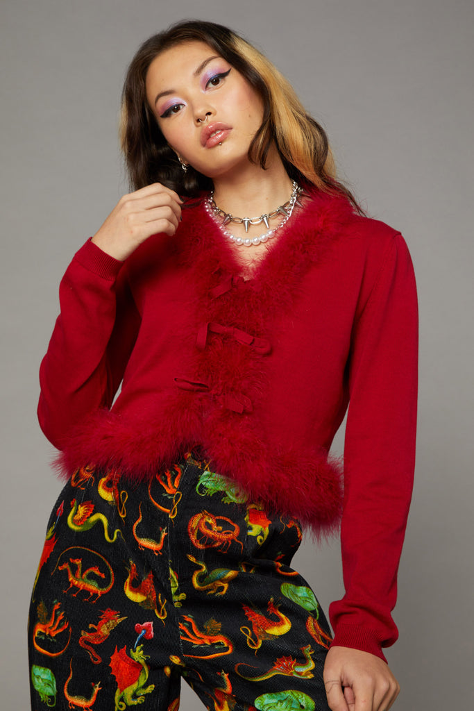 Red hot sale fur cardigan