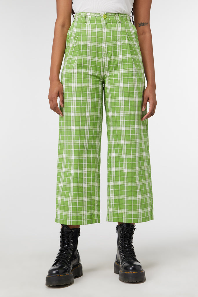HT Denim Green Plaid Straight-Leg Pants With Buckle Belt