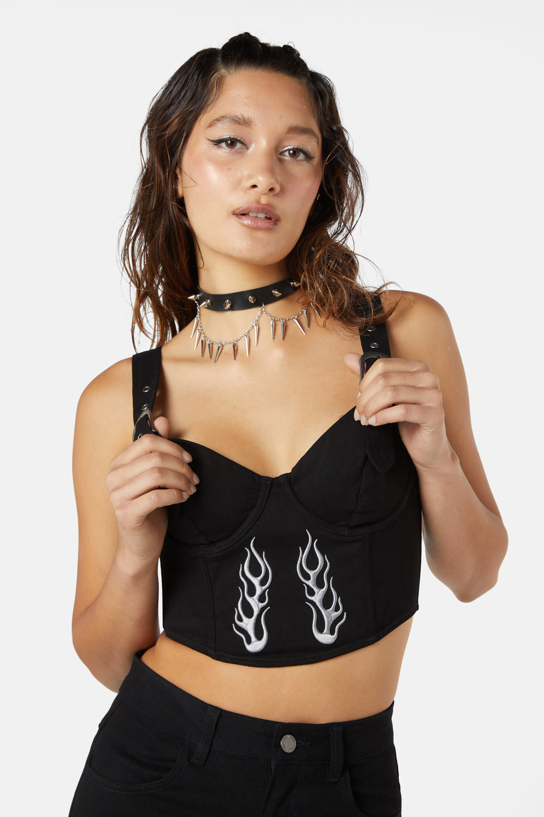 Black corset styled top with flames - Clothing