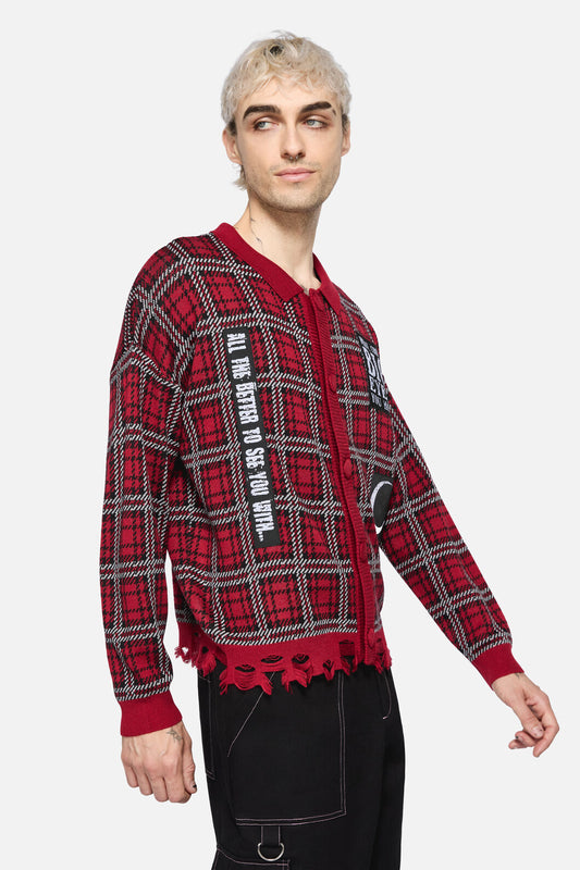 Black Friday - Louve Tartan Distressed Cardi - red
