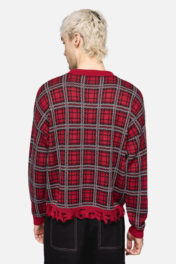 Black Friday - Louve Tartan Distressed Cardi - red