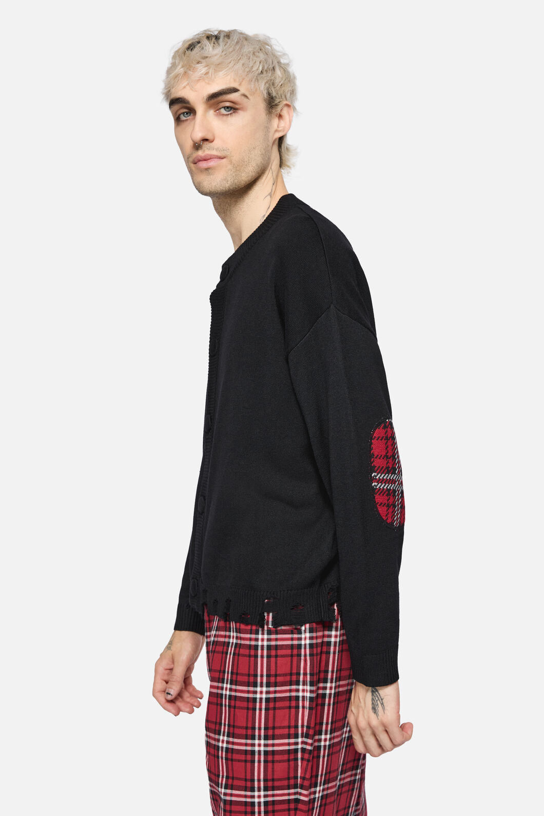Black Friday - Tartan Elbow Patch Cardi - black