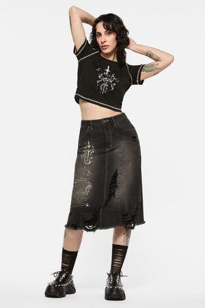 Black Friday - Sigil DistressedDenimMidiSkirt - black