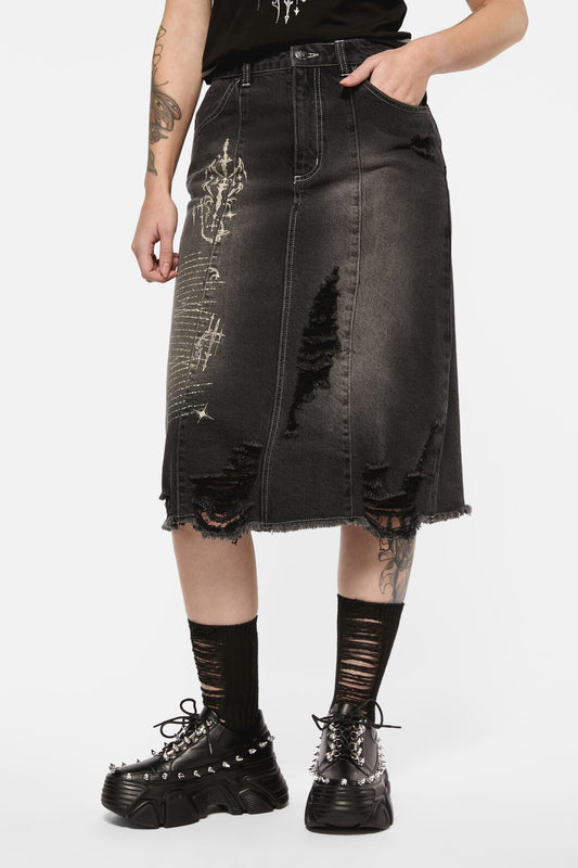 Black Friday - Sigil DistressedDenimMidiSkirt - black