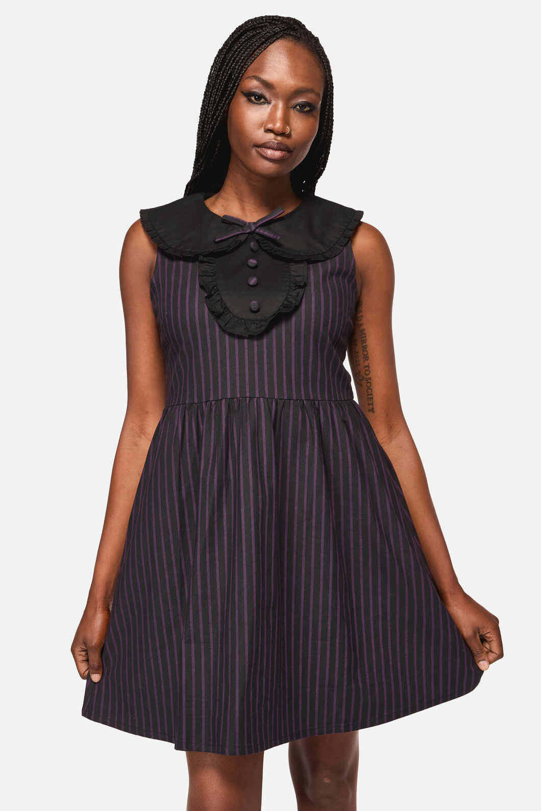 Black Friday - Sabrina Pinstripe Goth Dress - black-purple