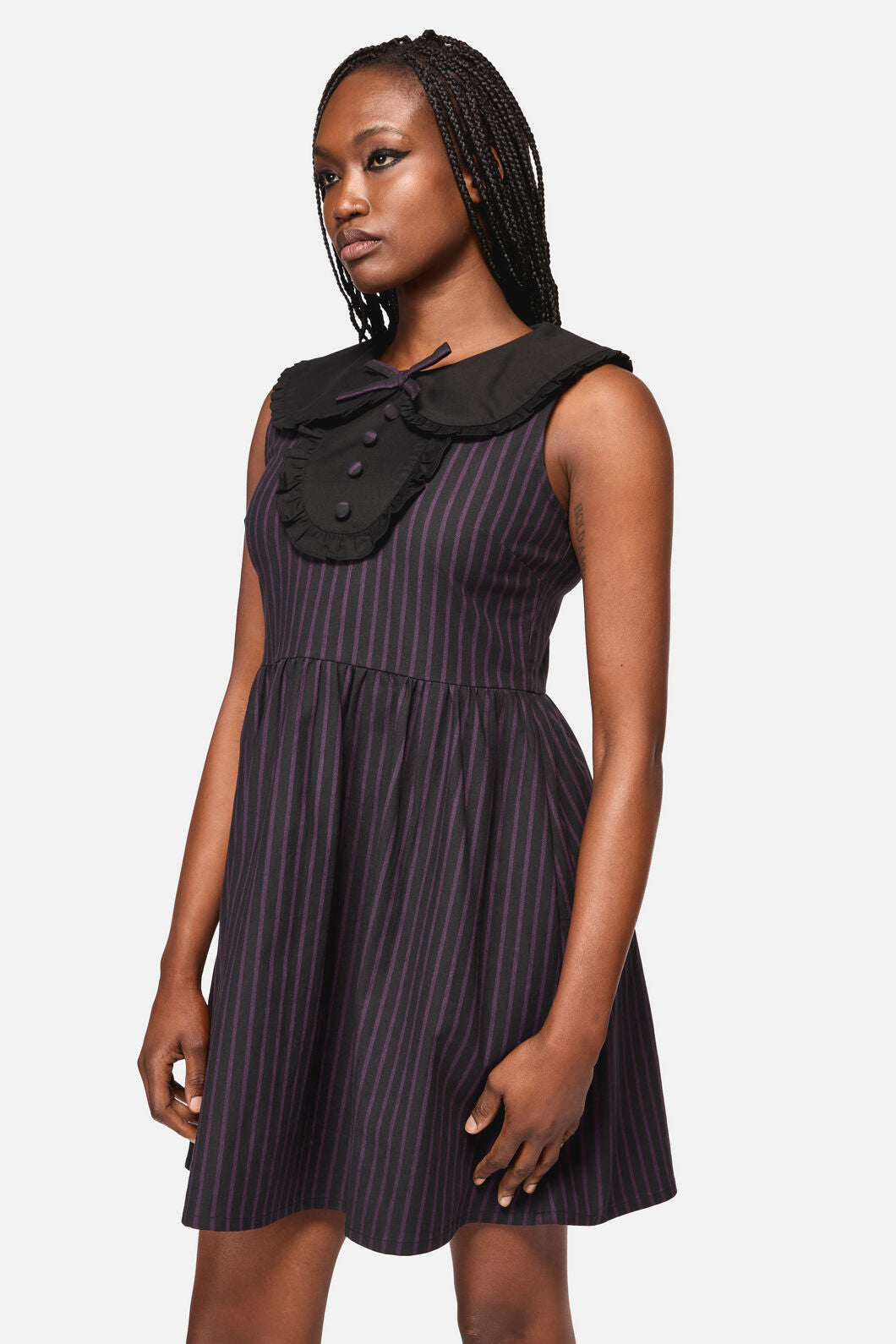 Black Friday - Sabrina Pinstripe Goth Dress - black-purple