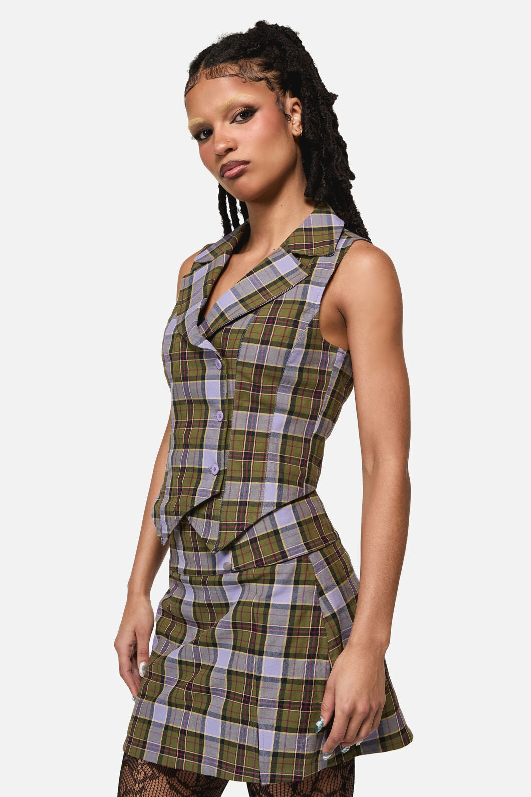 Black Friday - Apothecarius Goth Tartan Vest - moss-lavender