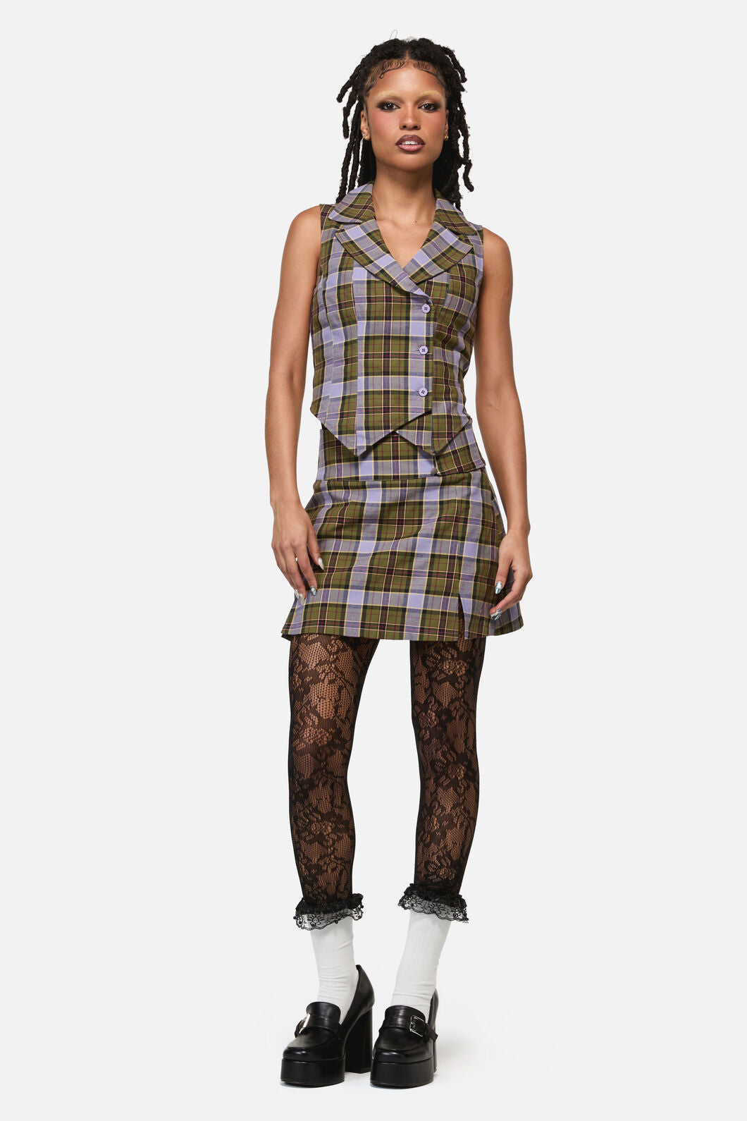 Black Friday - Apothecarius Goth Tartan Vest - moss-lavender