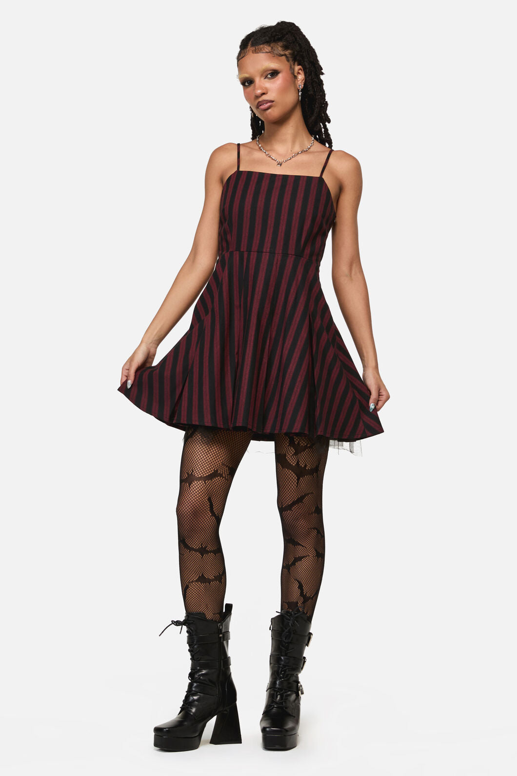 Black Friday - Sucker Pinstripe Goth Dress - black-red