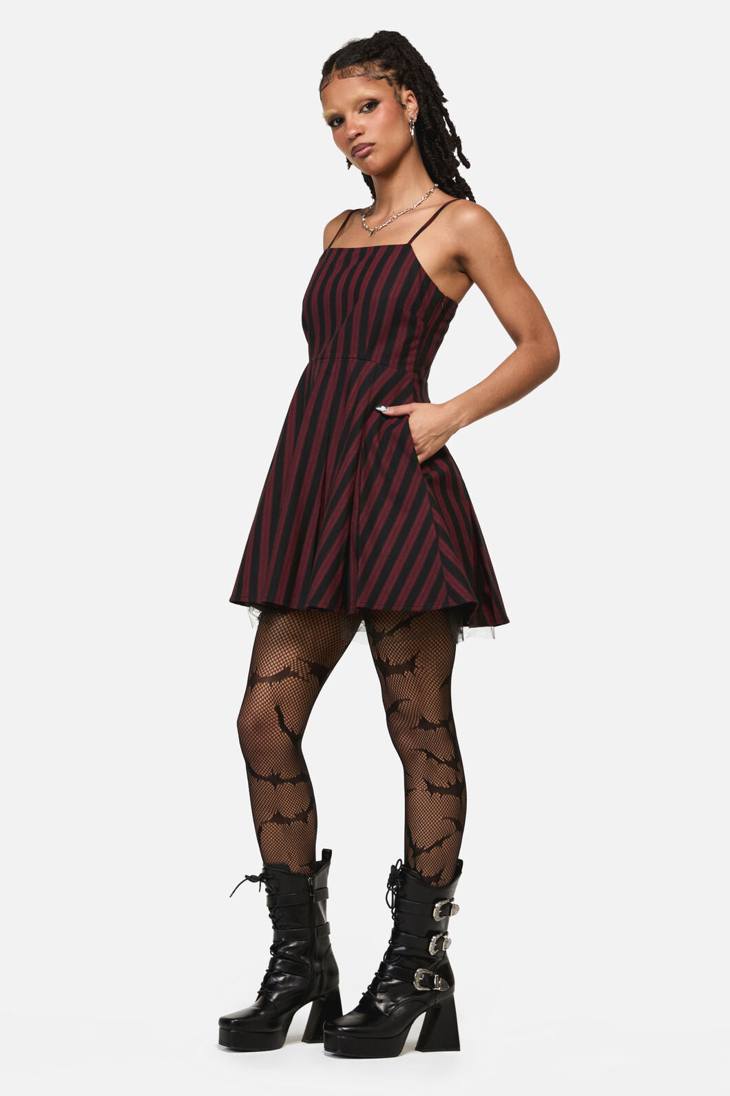 Black Friday - Sucker Pinstripe Goth Dress - black-red