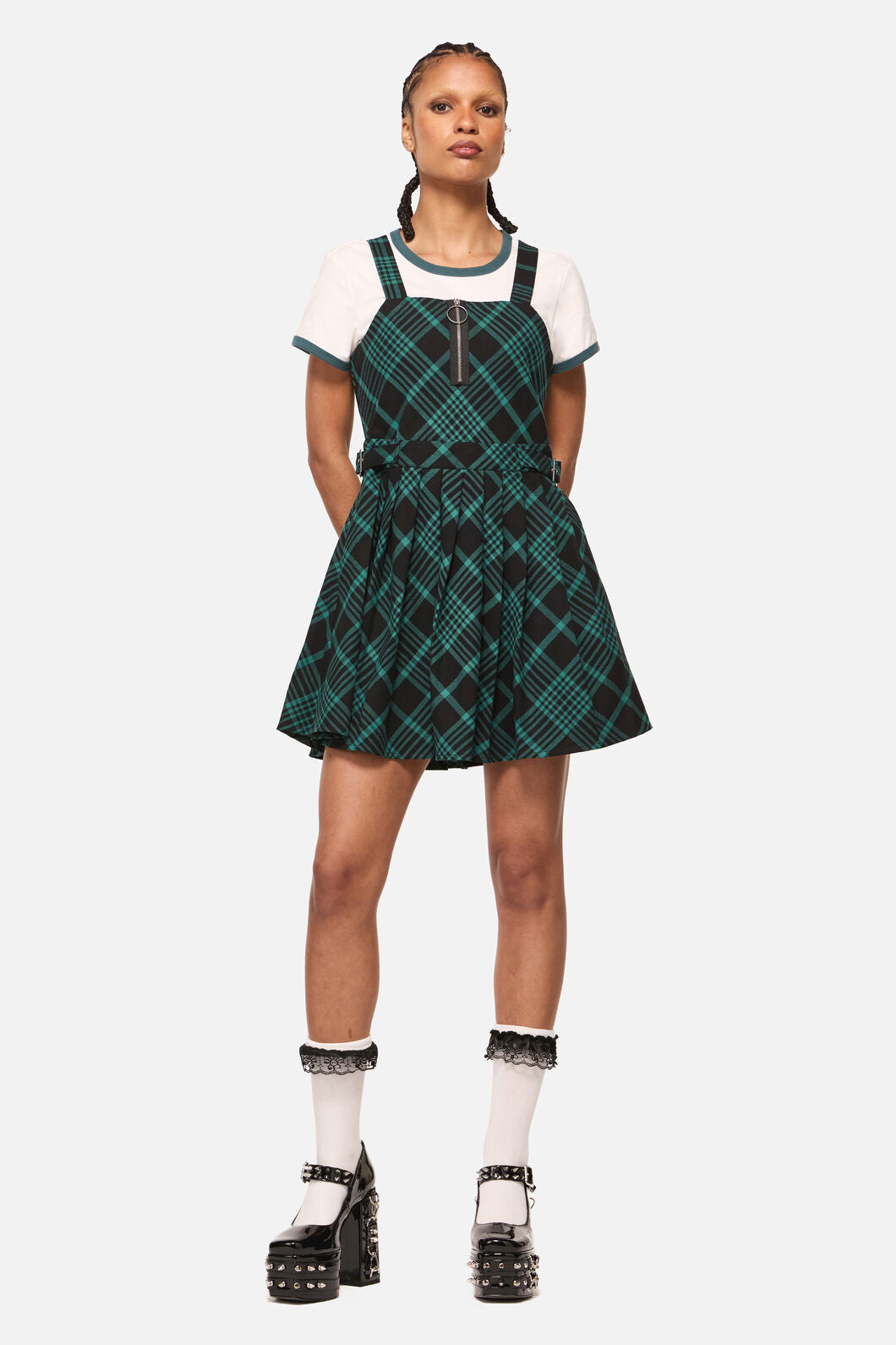 Black Friday - Conjuring Goth Tartan Pinafore - black-sage