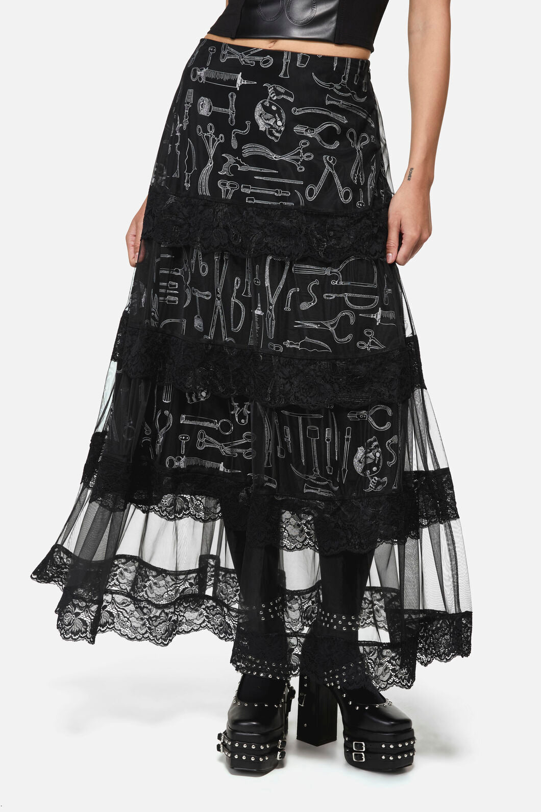 Black Friday - Barbaric Goth Lace Midi Skirt - black