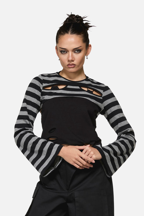 Black Friday - Envy Stripe Cutout Sleeves - black-grey