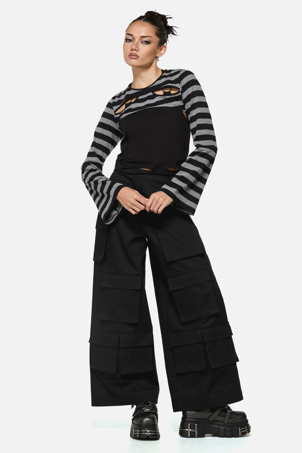 Black Friday - Envy Stripe Cutout Sleeves - black-grey