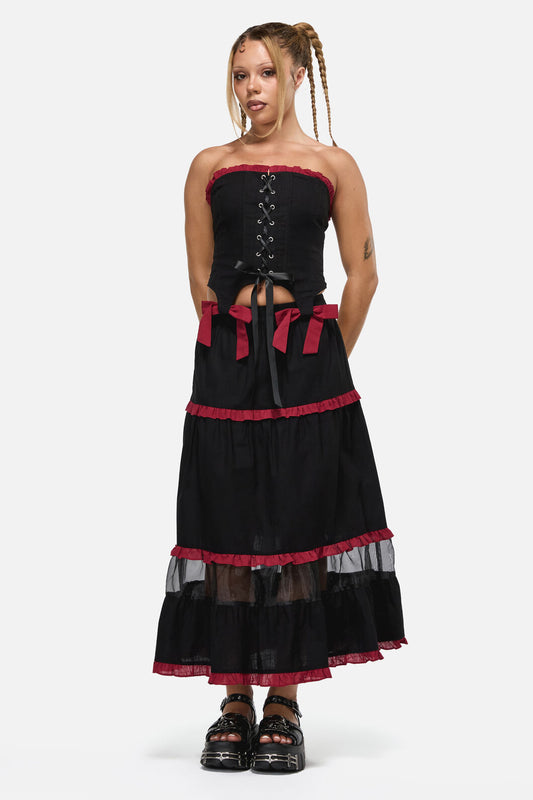 Black Friday - Dystopia Contrast Trim Midi Skirt - black-red