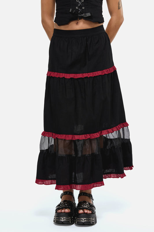 Black Friday - Dystopia Contrast Trim Midi Skirt - black-red