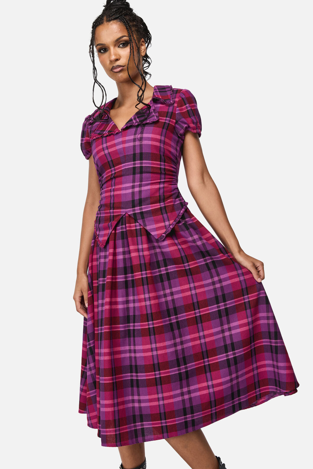 Black Friday - Luna Goth Tartan Midi Dress - plum