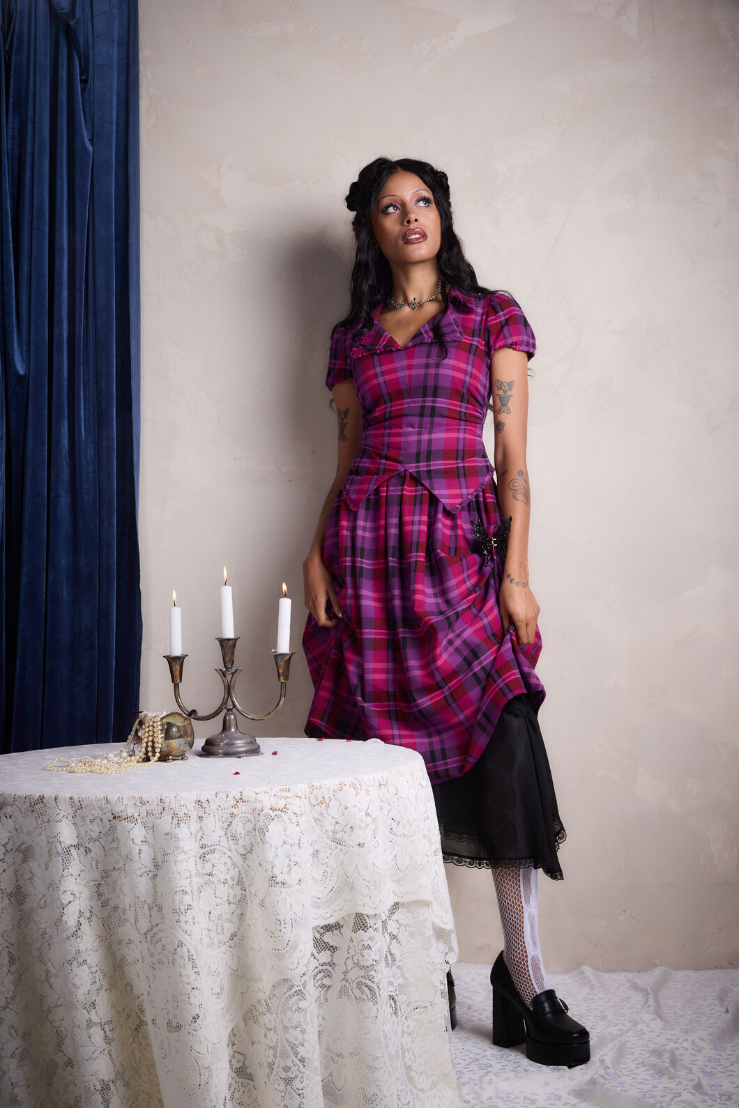 Black Friday - Luna Goth Tartan Midi Dress - plum