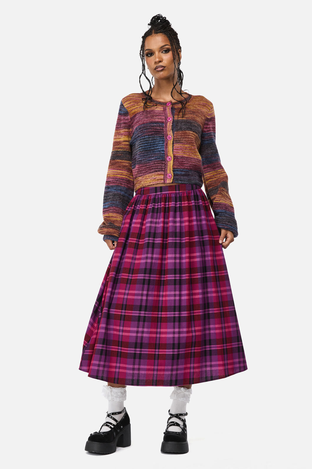 Black Friday - Luna Goth Tartan Midi Skirt - plum