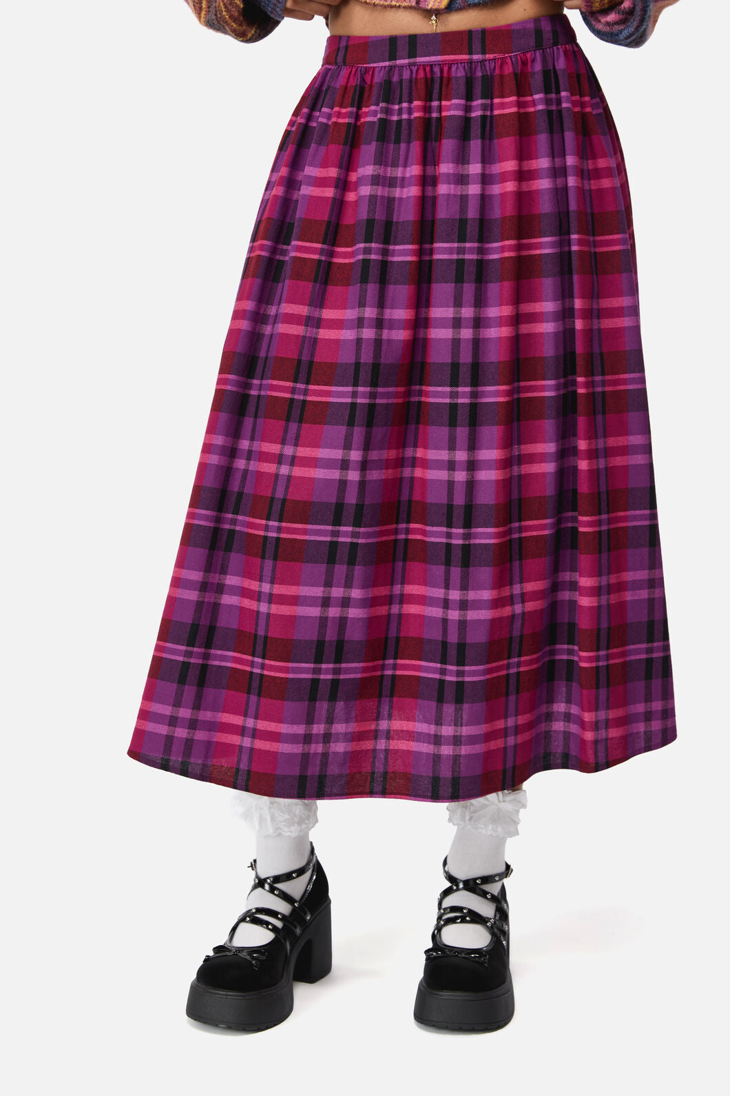 Black Friday - Luna Goth Tartan Midi Skirt - plum