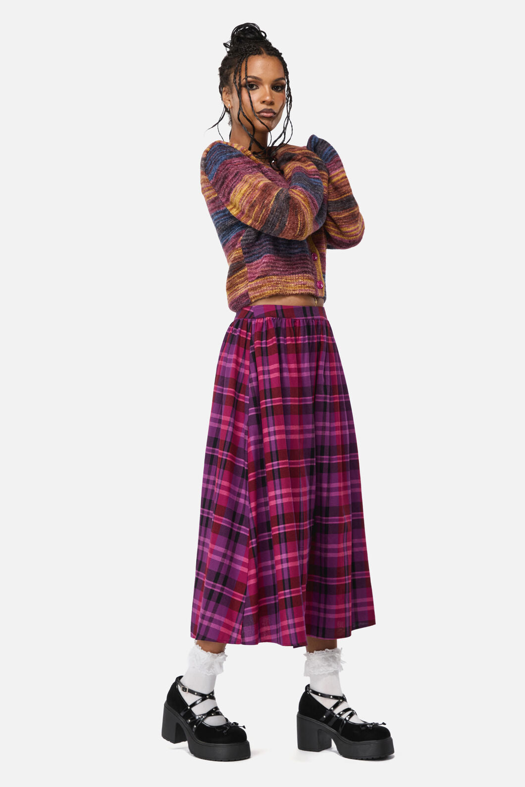 Black Friday - Luna Goth Tartan Midi Skirt - plum