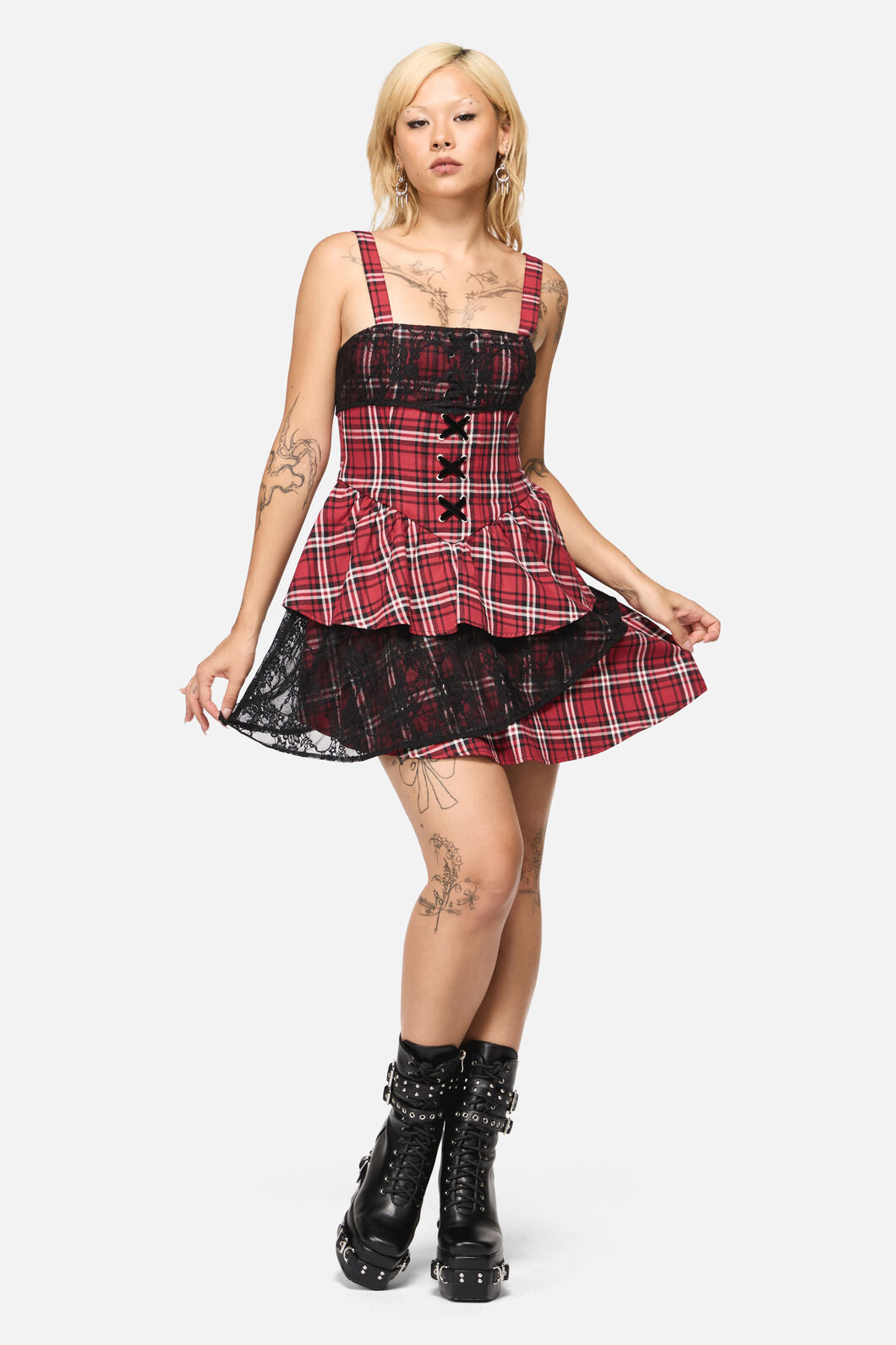 Black Friday - Louve Tartan Tiered Lace Dress - red