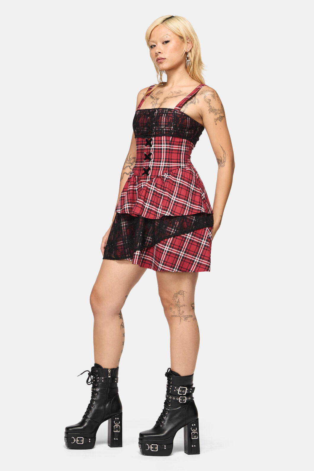 Black Friday - Louve Tartan Tiered Lace Dress - red
